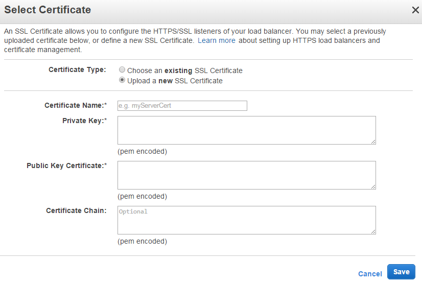 The dialog for adding an SSL certificate