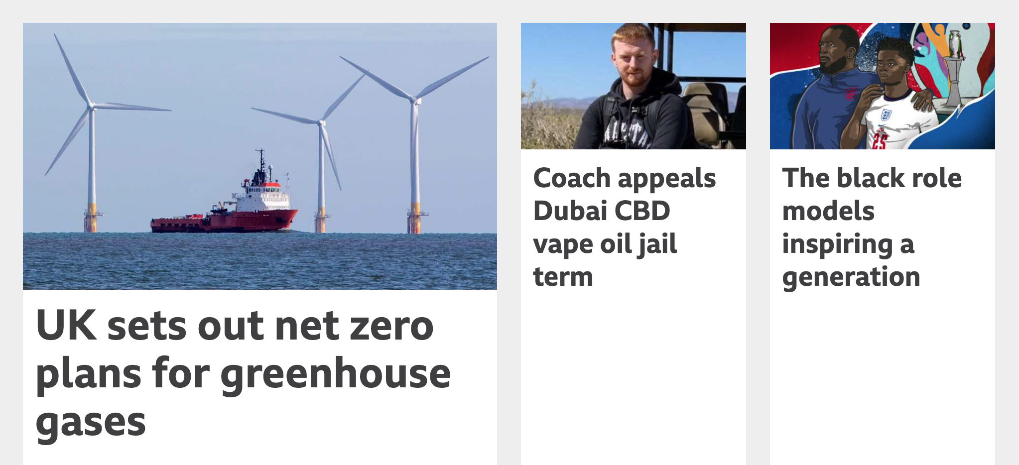 The BBC news site at the 'Very large' font size with a simulated breakpoint in px